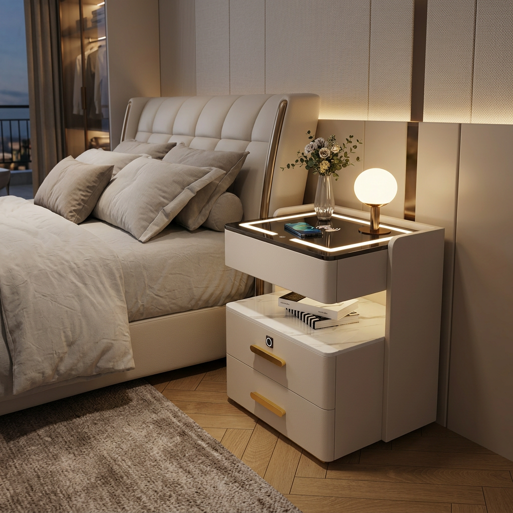 Velora Bedside Table with Wireless Charging, Bluetooth Speaker, LED Lighting, and Fingerprint Lock