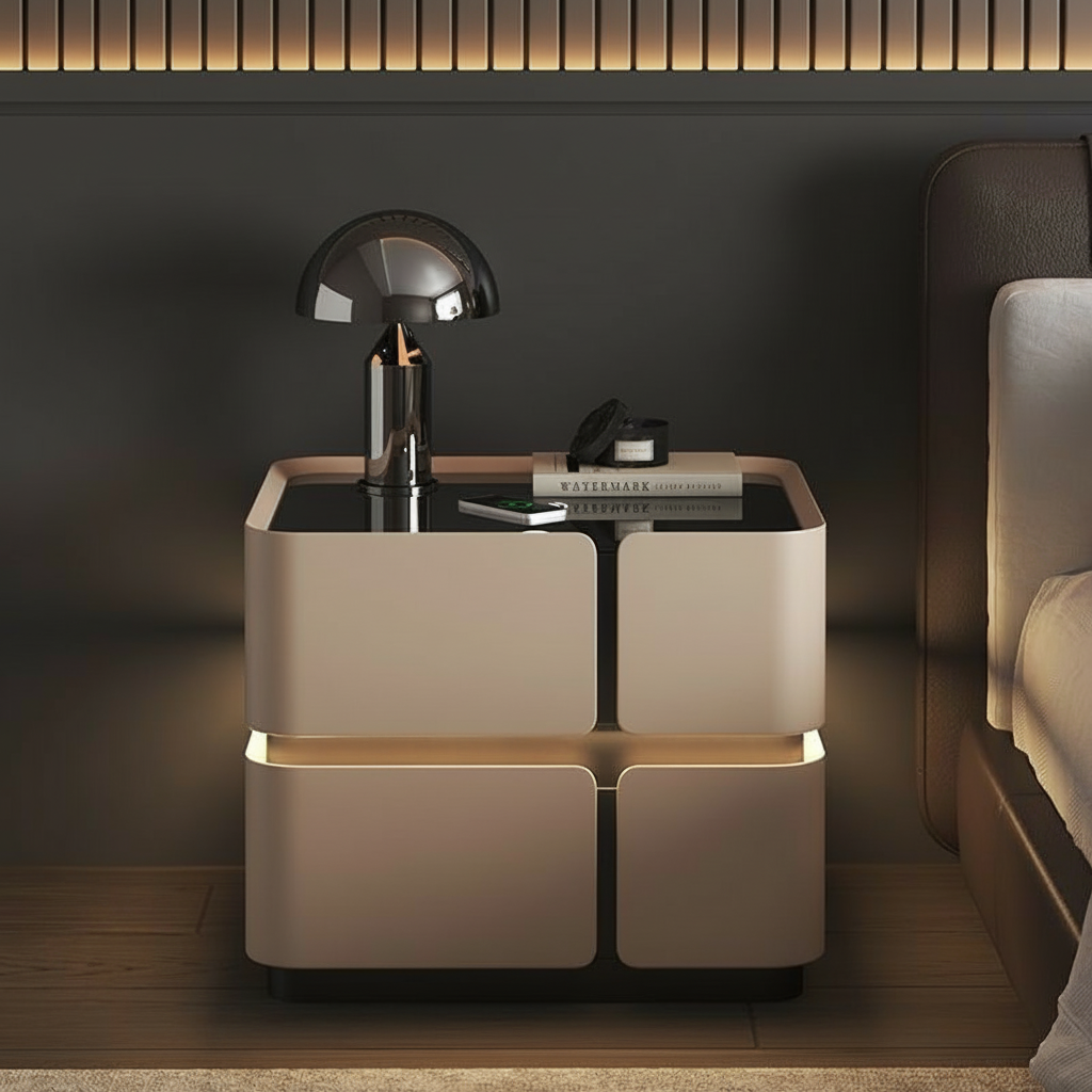 Soft Quad Bedside Table with Wireless Charging, Bluetooth Speaker, LED Lighting, and PIN Lock