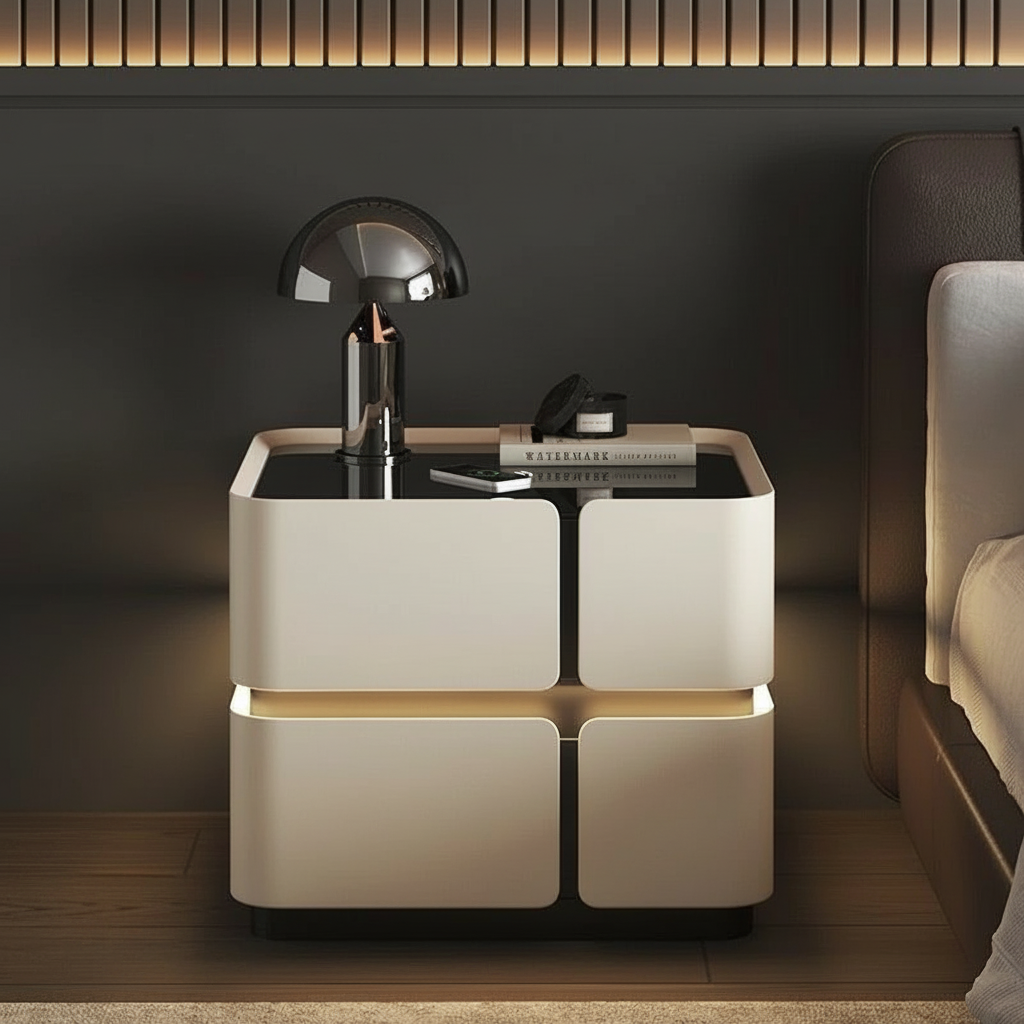 Soft Quad Bedside Table with Wireless Charging, Bluetooth Speaker, LED Lighting, and PIN Lock
