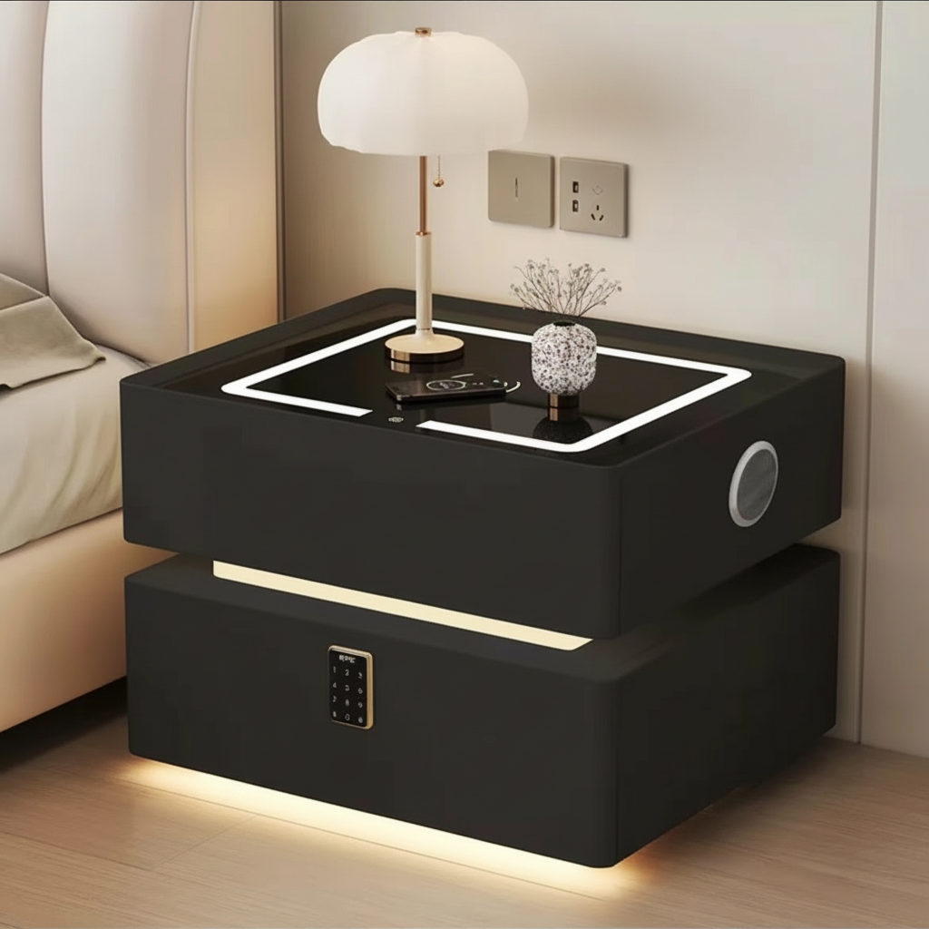 Lumo Bedside Table with Wireless Charging, Bluetooth Speaker, LED Lighting, and PIN Lock