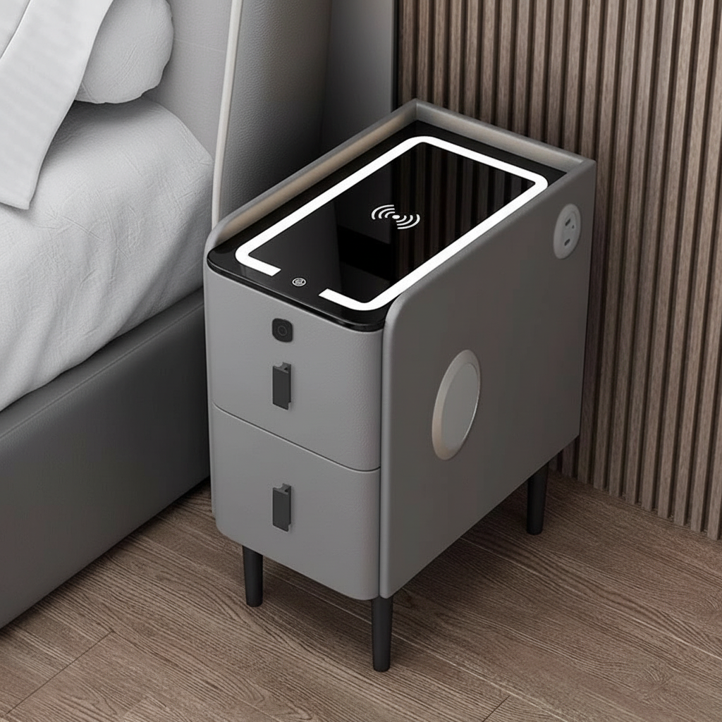 Nexo Nightstand with Wireless Charging, Bluetooth Speaker, LED Lighting, and Fingerprint Lock
