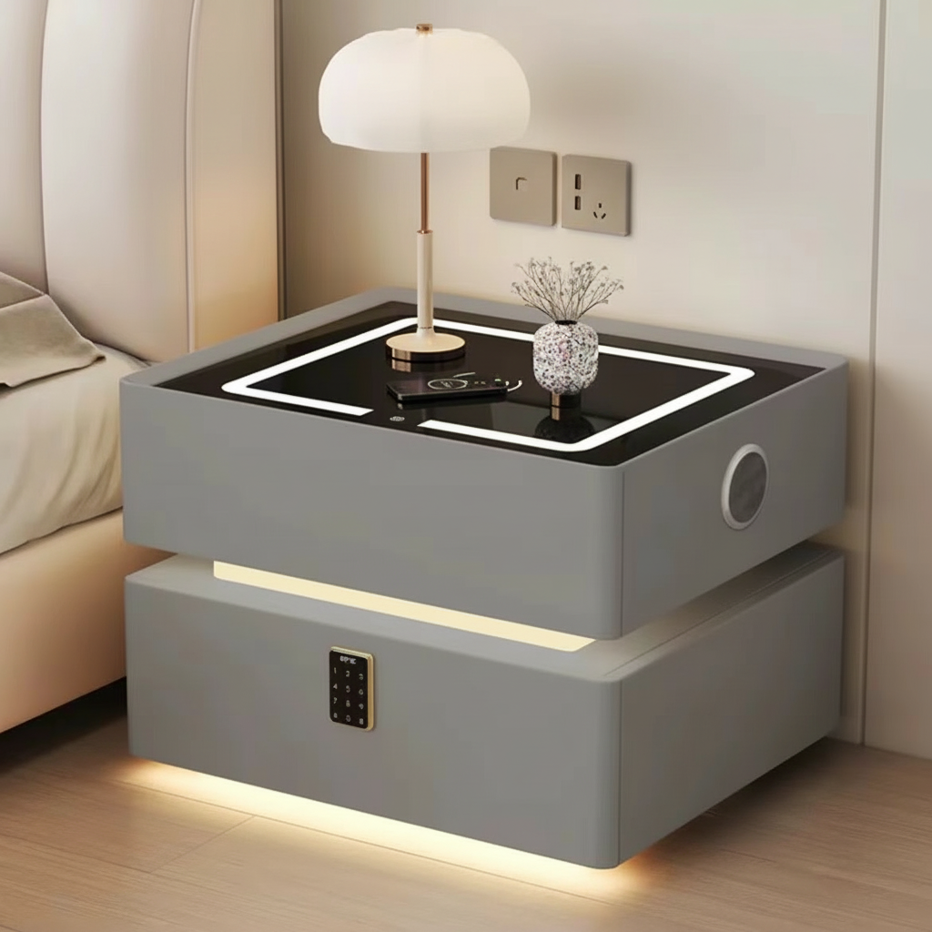 Lumo Bedside Table with Wireless Charging, Bluetooth Speaker, LED Lighting, and PIN Lock