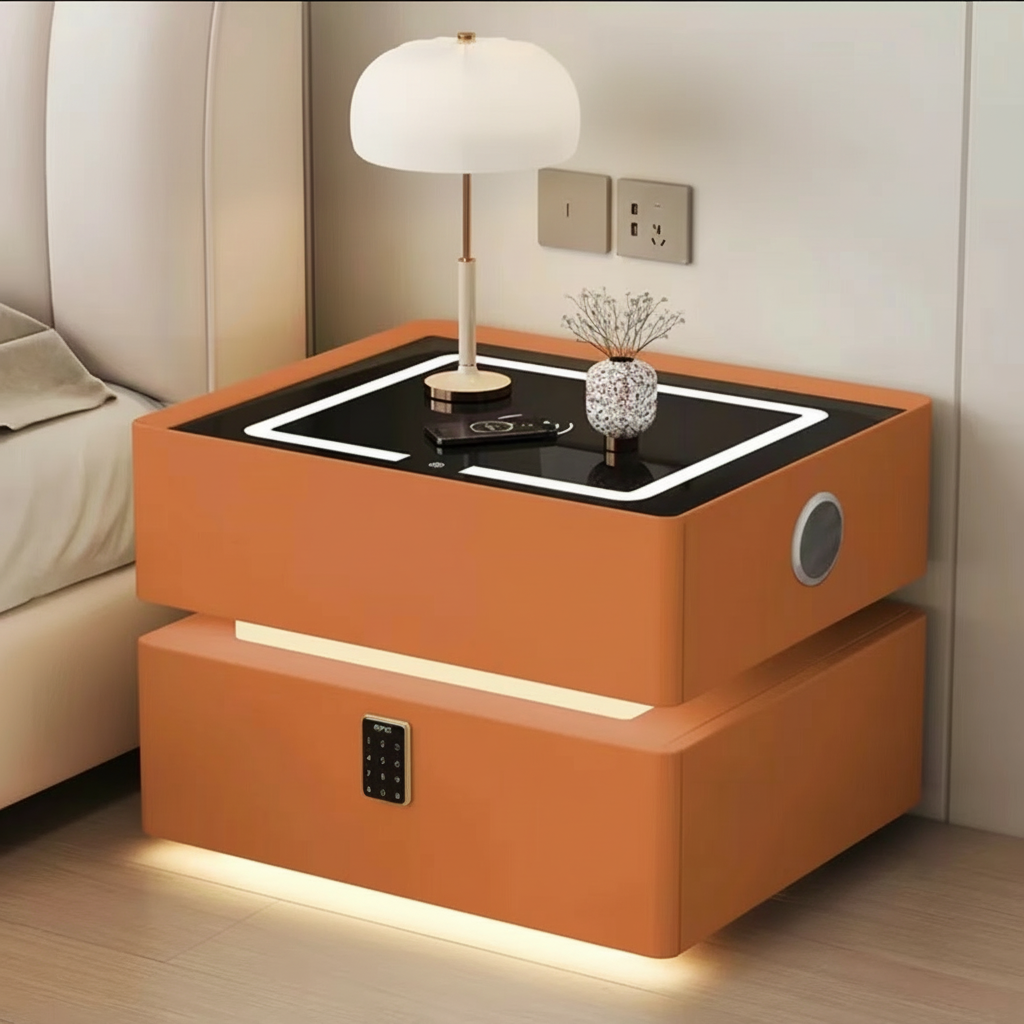 Lumo Bedside Table with Wireless Charging, Bluetooth Speaker, LED Lighting, and PIN Lock