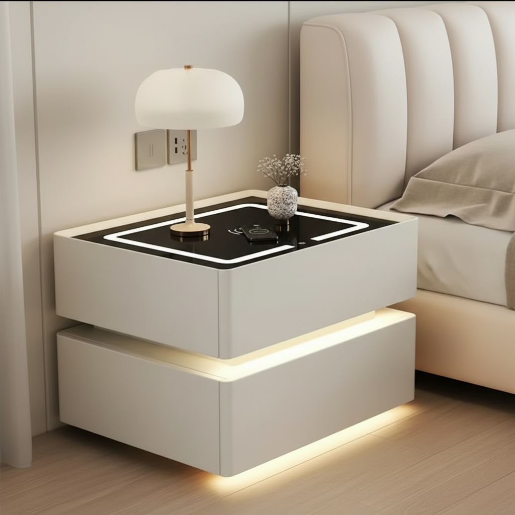 Lumo Bedside Table with Wireless Charging, Bluetooth Speaker, LED Lighting, and PIN Lock