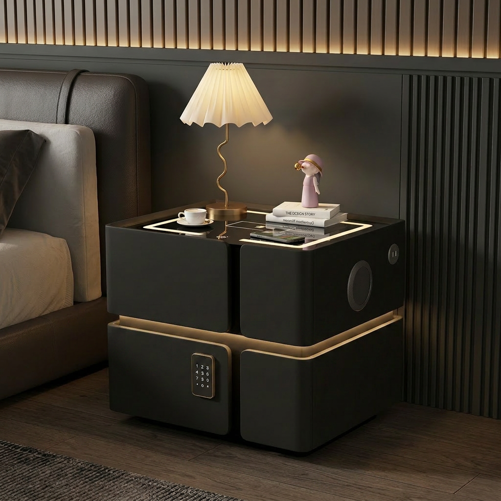 Soft Quad Bedside Table with Wireless Charging, Bluetooth Speaker, LED Lighting, and PIN Lock