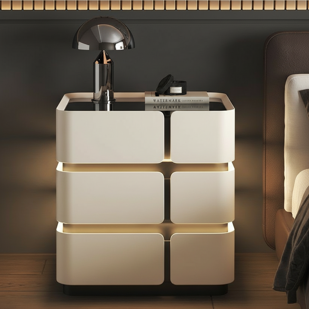 Soft Quad Nightstand with Wireless Charging, Bluetooth Speaker, LED Lighting, and PIN Lock
