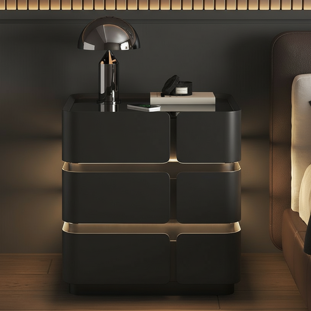 Soft Quad Nightstand with Wireless Charging, Bluetooth Speaker, LED Lighting, and PIN Lock
