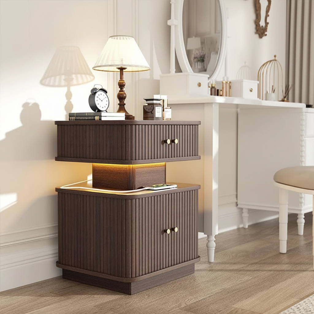 Classic Wooden Nightstand With LED Lighting And USB Ports