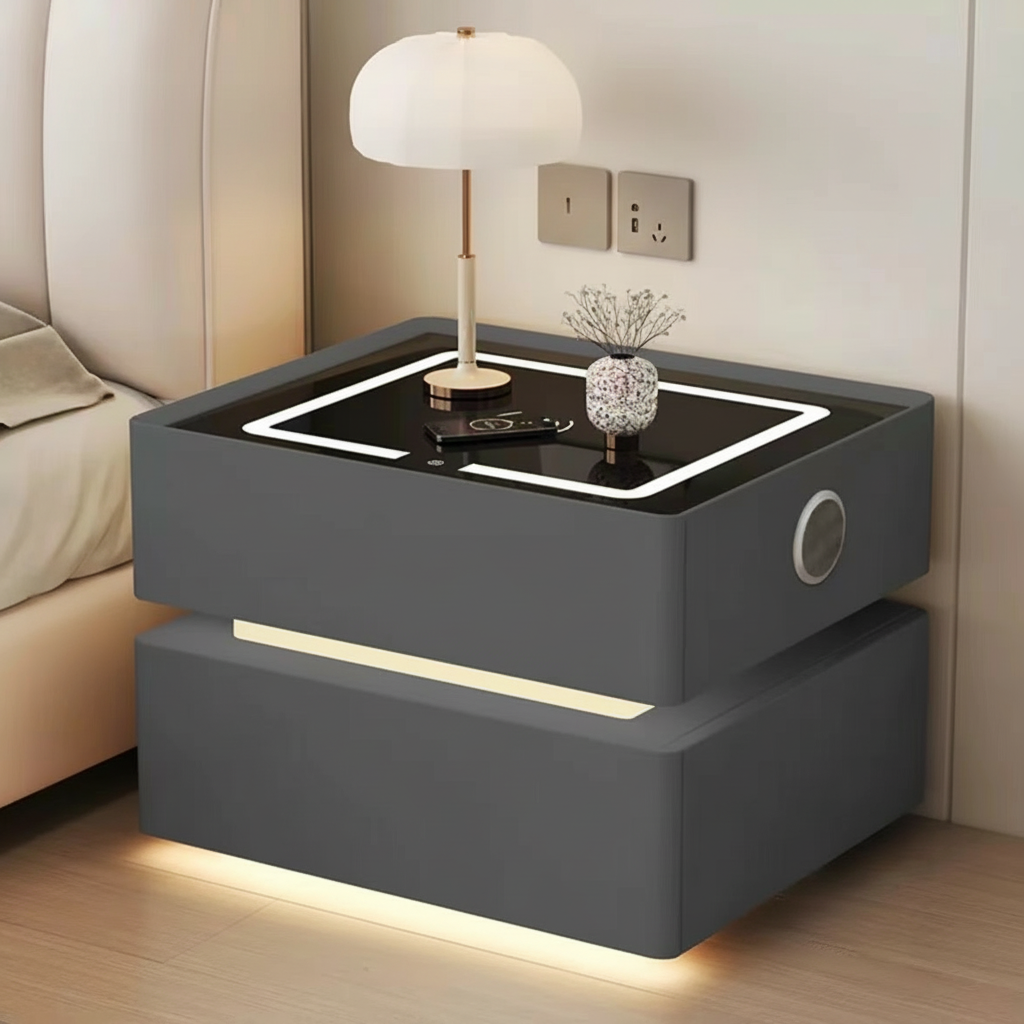 Lumo Bedside Table with Wireless Charging, Bluetooth Speaker, LED Lighting, and PIN Lock