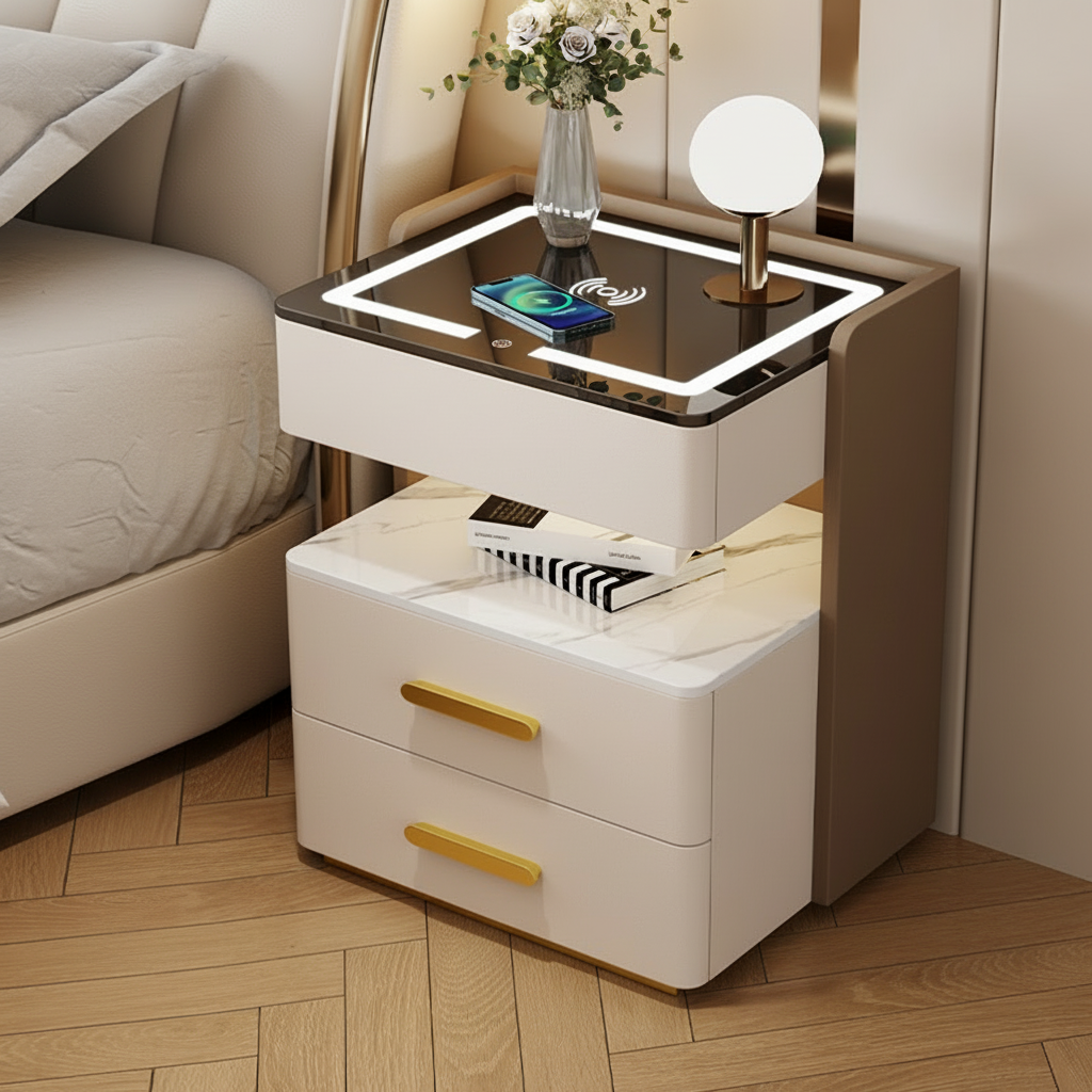 Velora Bedside Table with Wireless Charging, Bluetooth Speaker, LED Lighting, and Fingerprint Lock