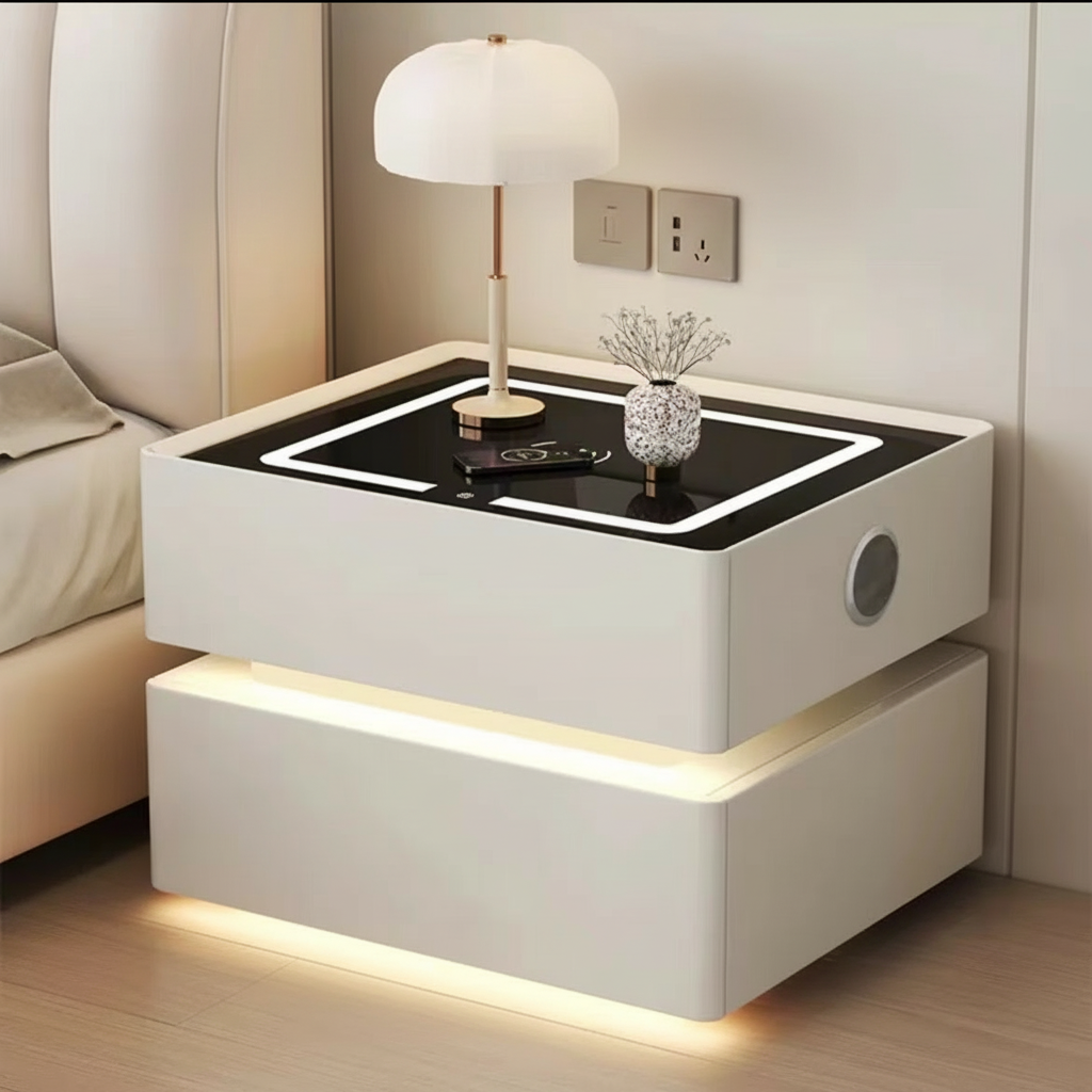 Lumo Bedside Table with Wireless Charging, Bluetooth Speaker, LED Lighting, and PIN Lock