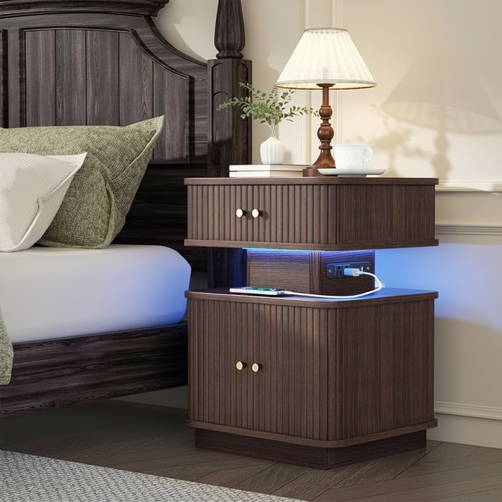 Classic Wooden Nightstand With LED Lighting And USB Ports