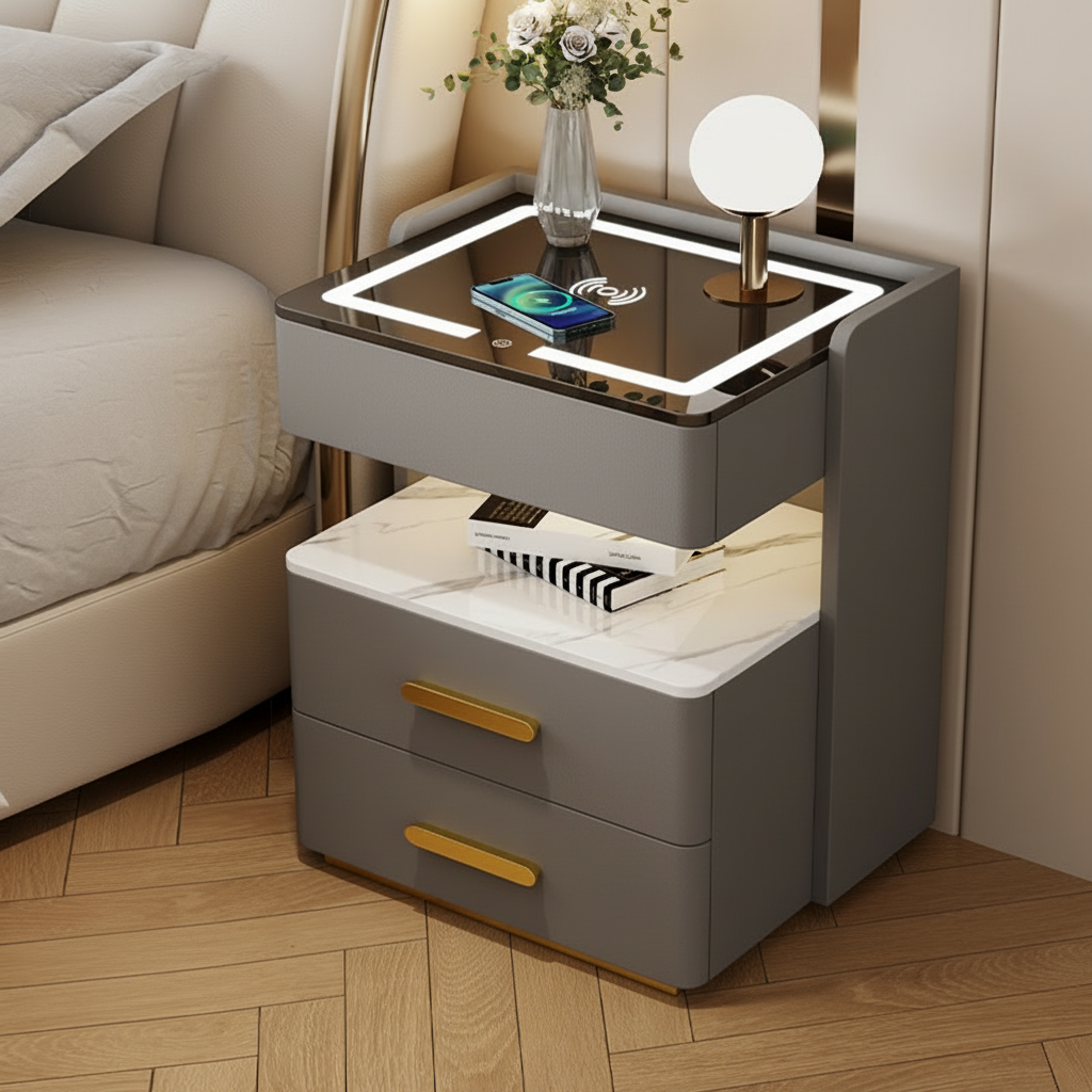 Velora Bedside Table with Wireless Charging, Bluetooth Speaker, LED Lighting, and Fingerprint Lock