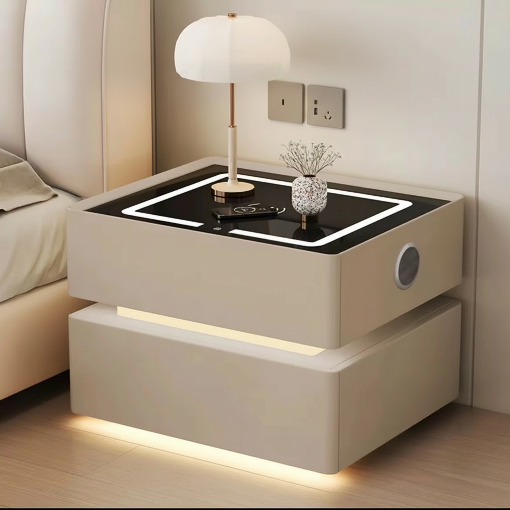 Lumo Bedside Table with Wireless Charging, Bluetooth Speaker, LED Lighting, and PIN Lock