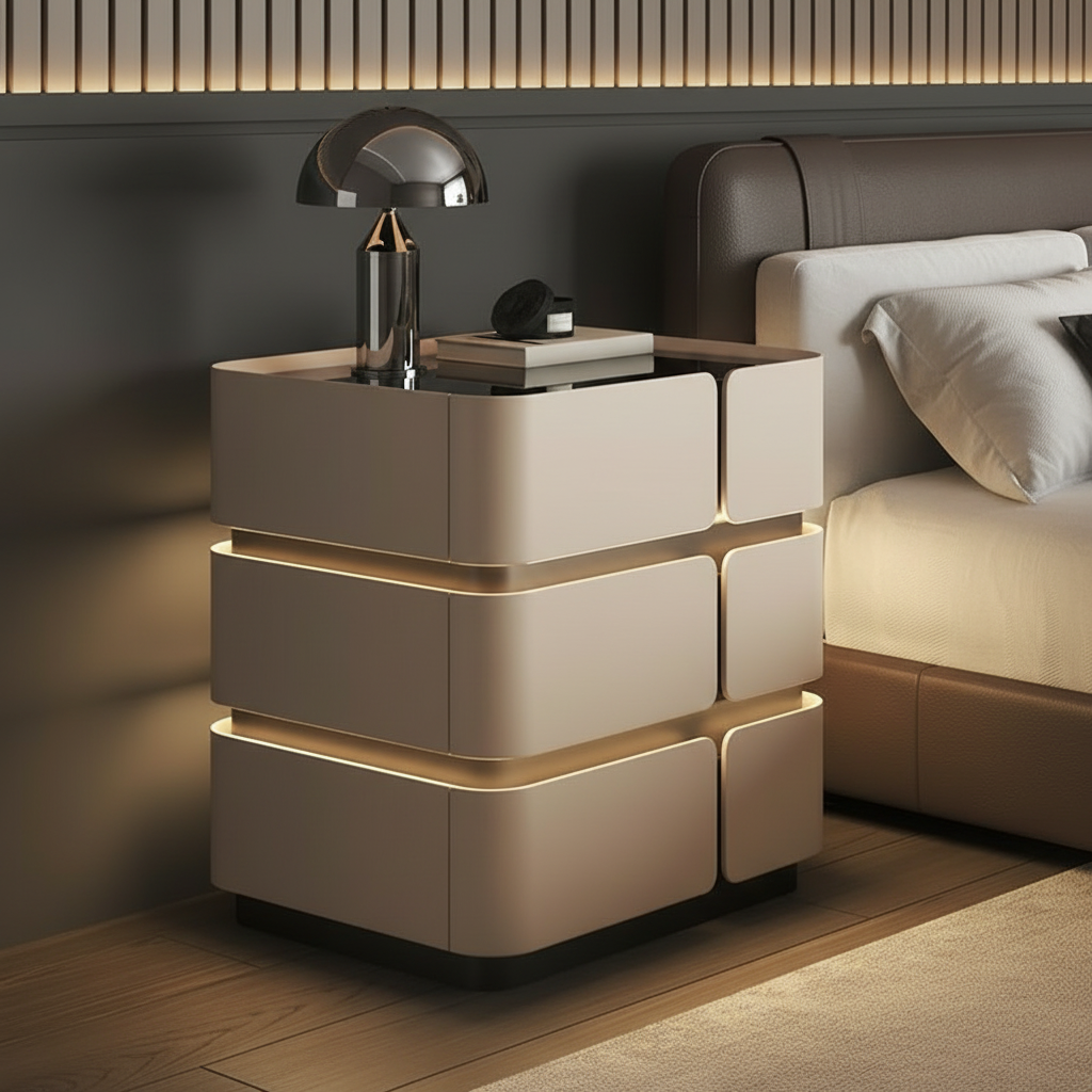 Soft Quad Nightstand with Wireless Charging, Bluetooth Speaker, LED Lighting, and PIN Lock