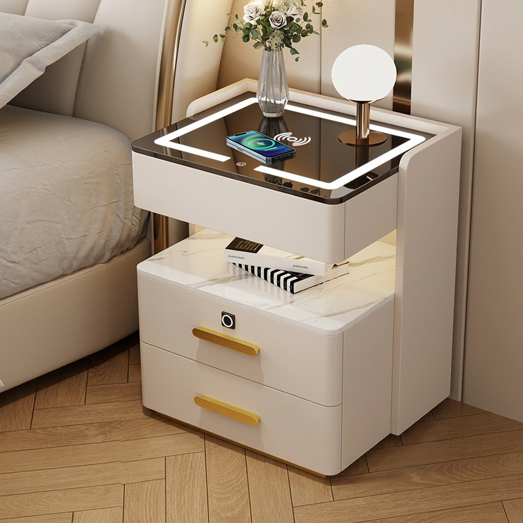 Velora Bedside Table with Wireless Charging, Bluetooth Speaker, LED Lighting, and Fingerprint Lock