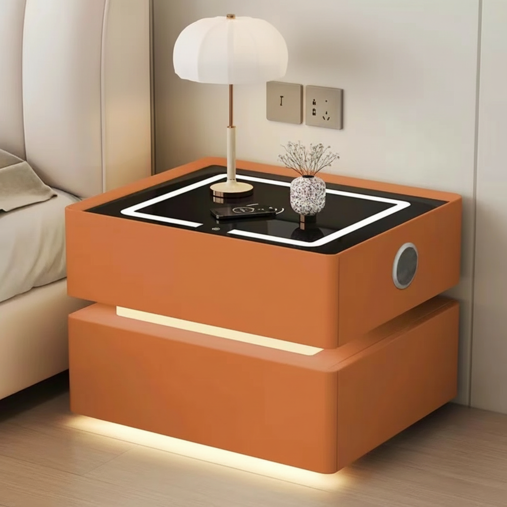 Lumo Bedside Table with Wireless Charging, Bluetooth Speaker, LED Lighting, and PIN Lock