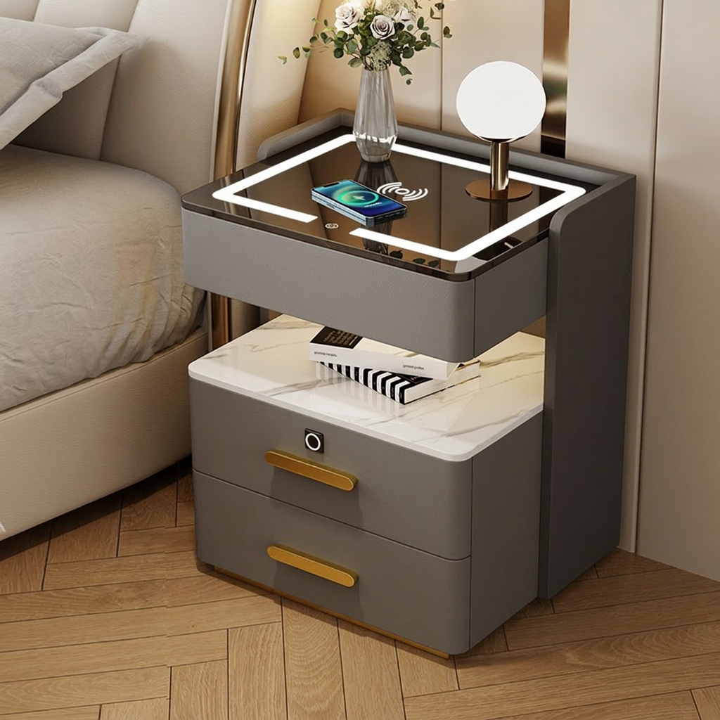 Velora Bedside Table with Wireless Charging, Bluetooth Speaker, LED Lighting, and Fingerprint Lock