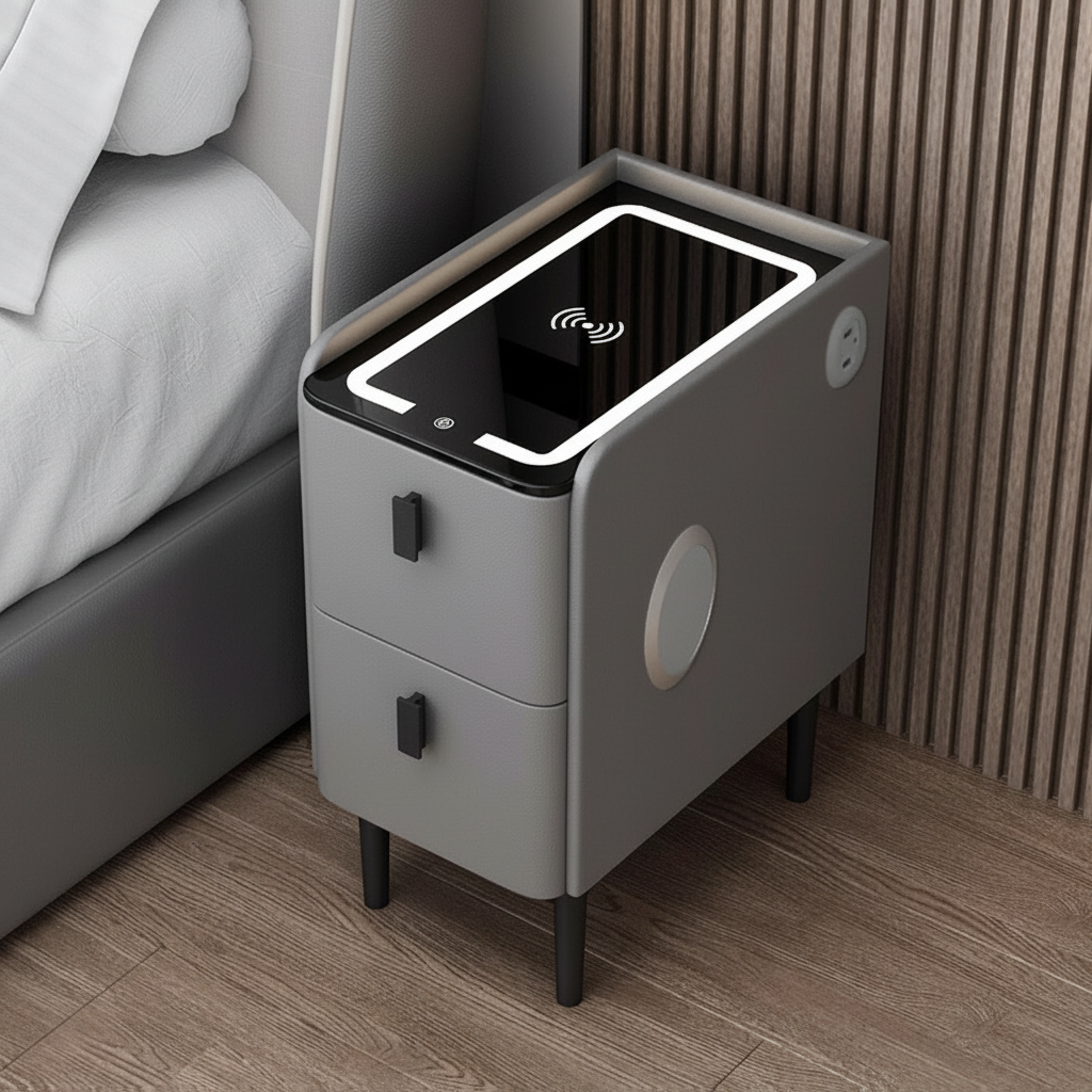 Nexo Nightstand with Wireless Charging, Bluetooth Speaker, LED Lighting, and Fingerprint Lock