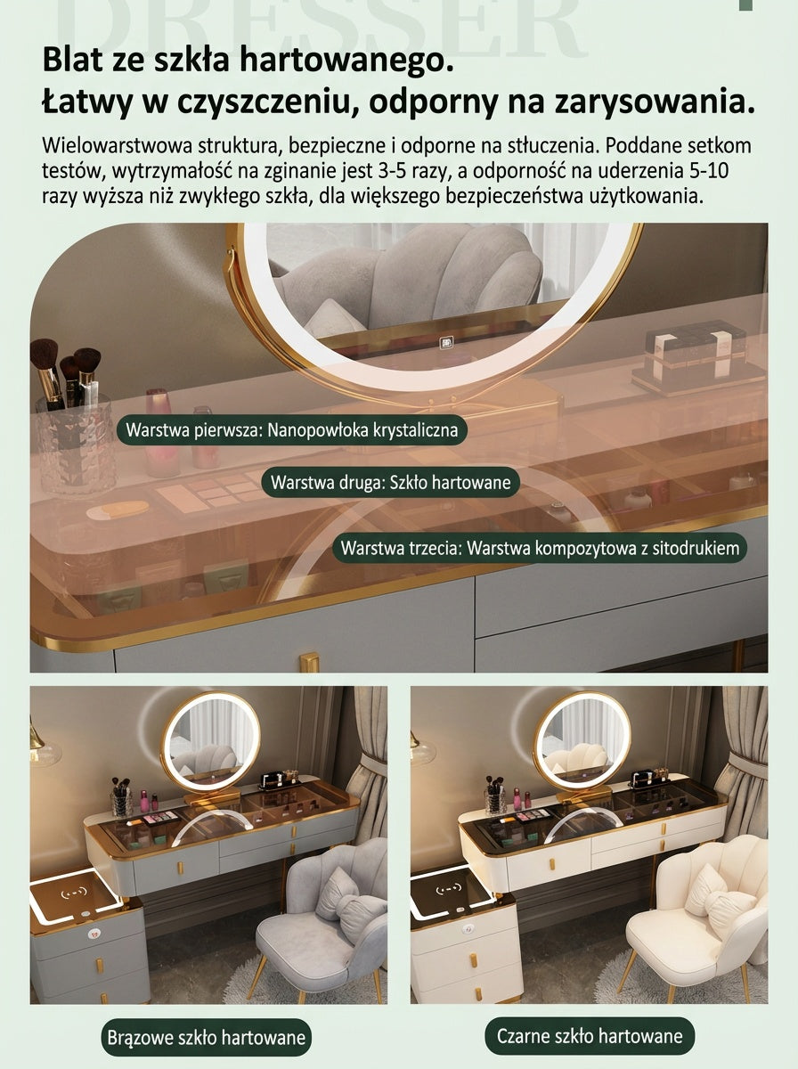 3-in-1 Dressing Table with LED, Wireless Charging and Bluetooth Speaker