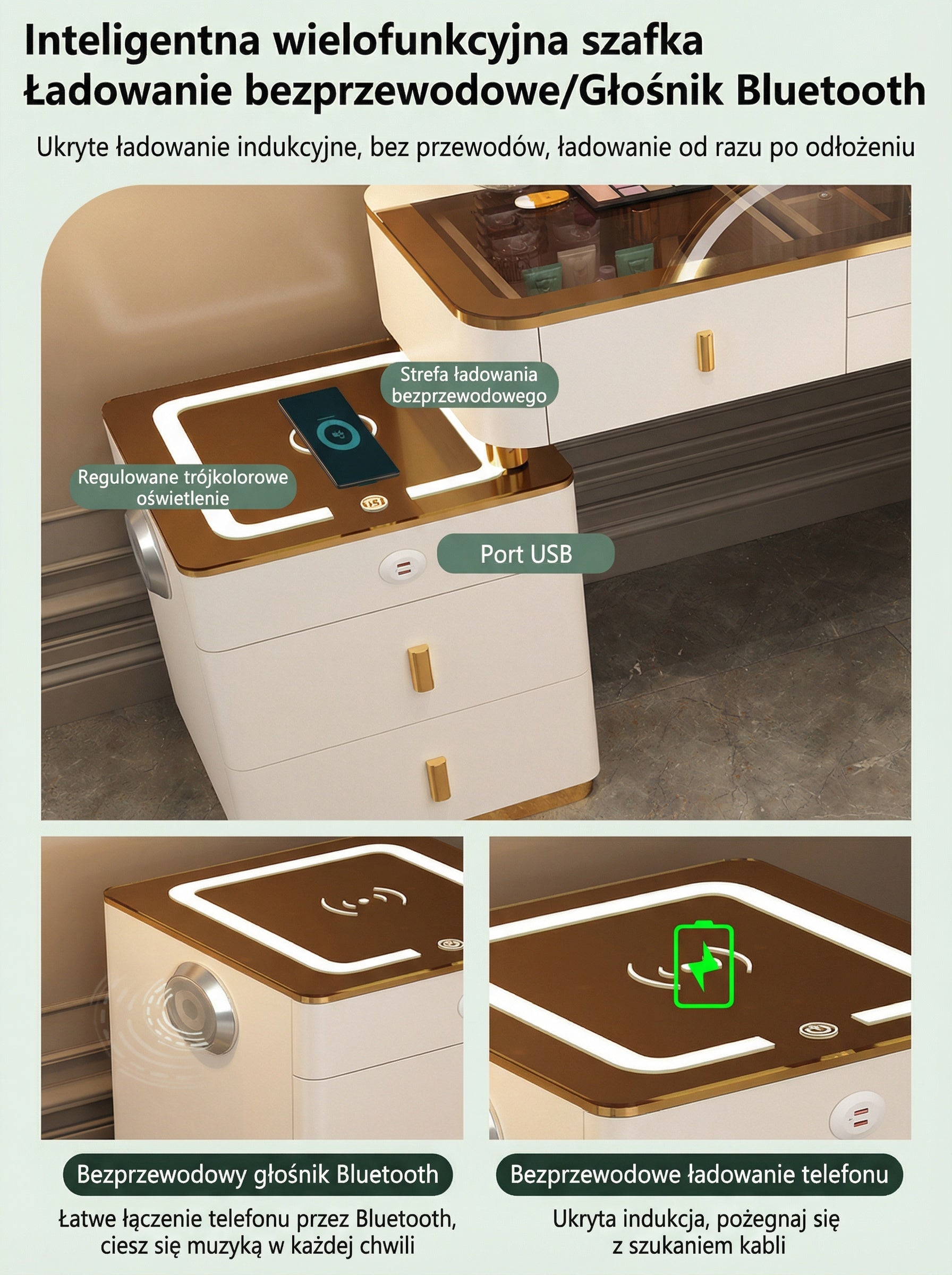 3-in-1 Dressing Table with LED, Wireless Charging and Bluetooth Speaker