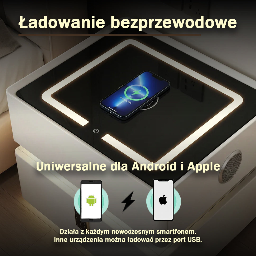 Szafka Nocna Lumo Z Ładowaniem Bezprzewodowym, Głośnikiem Bluetooth, Podświetleniem LED I Blokadą PIN