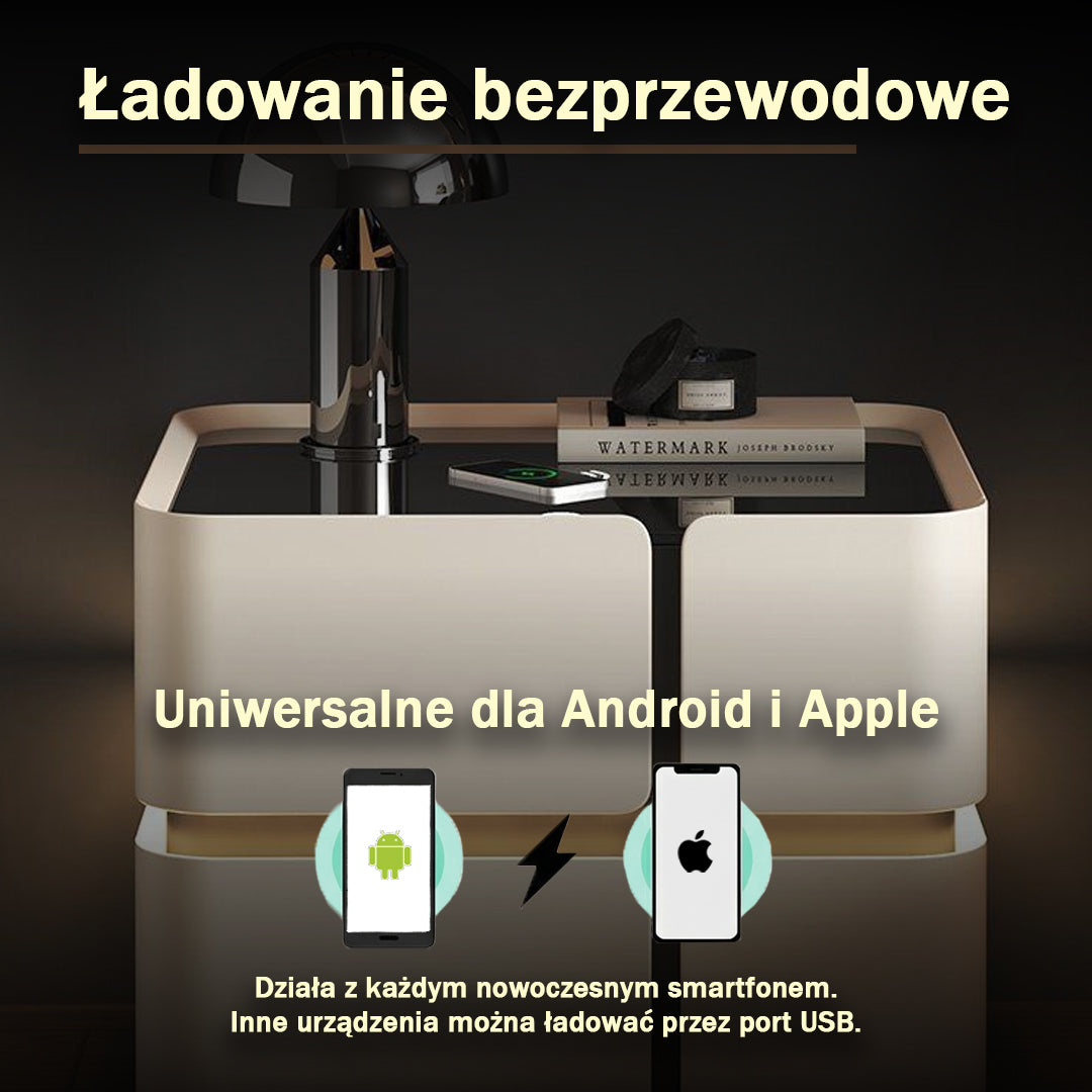 Soft Quad Bedside Table with Wireless Charging, Bluetooth Speaker, LED Lighting, and PIN Lock