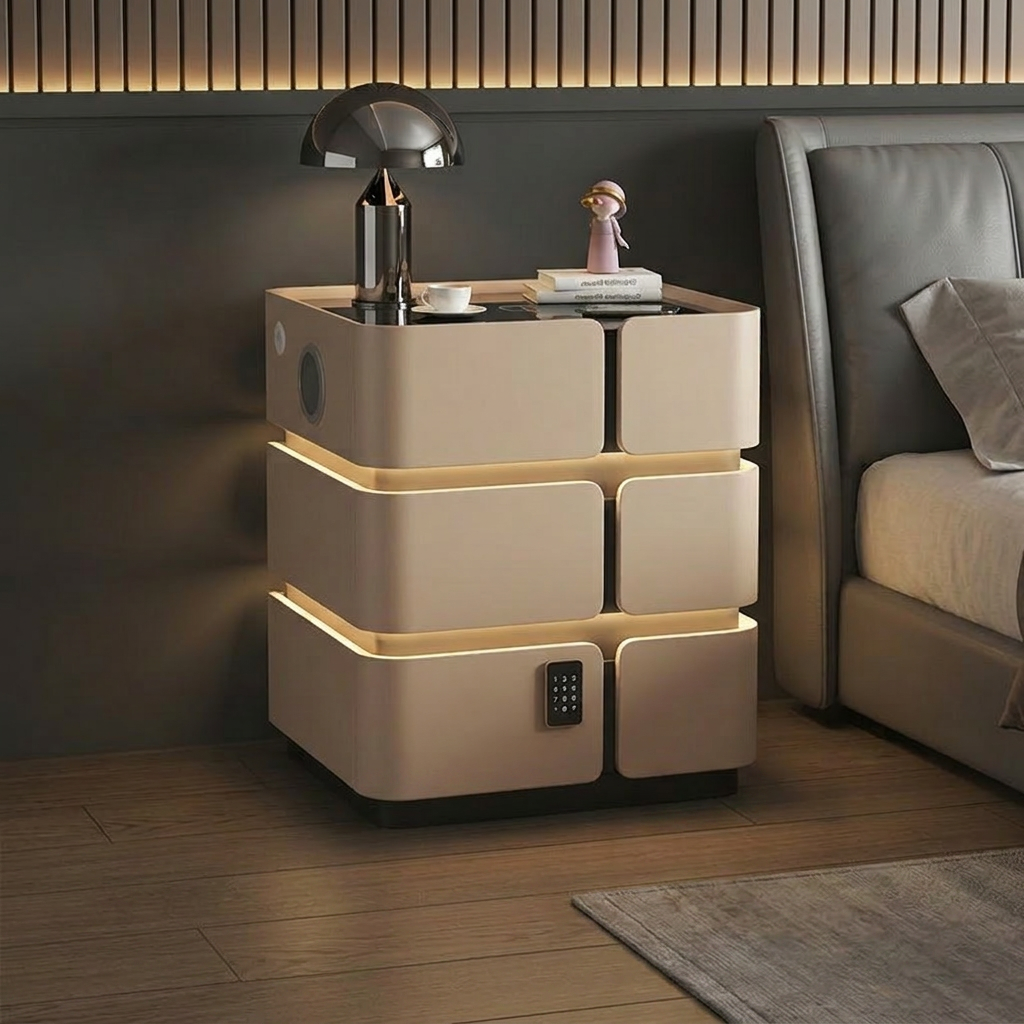 Soft Quad Nightstand with Wireless Charging, Bluetooth Speaker, LED Lighting, and PIN Lock