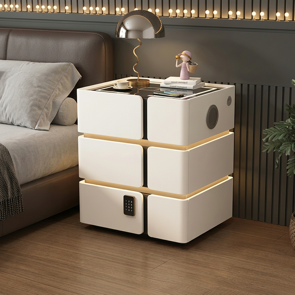 Soft Quad Nightstand with Wireless Charging, Bluetooth Speaker, LED Lighting, and PIN Lock