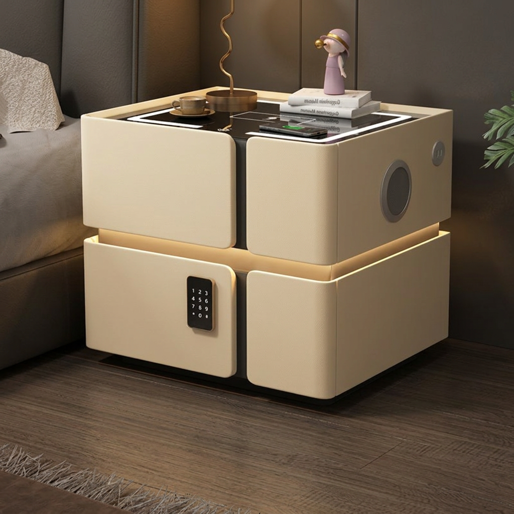 Soft Quad Bedside Table with Wireless Charging, Bluetooth Speaker, LED Lighting, and PIN Lock