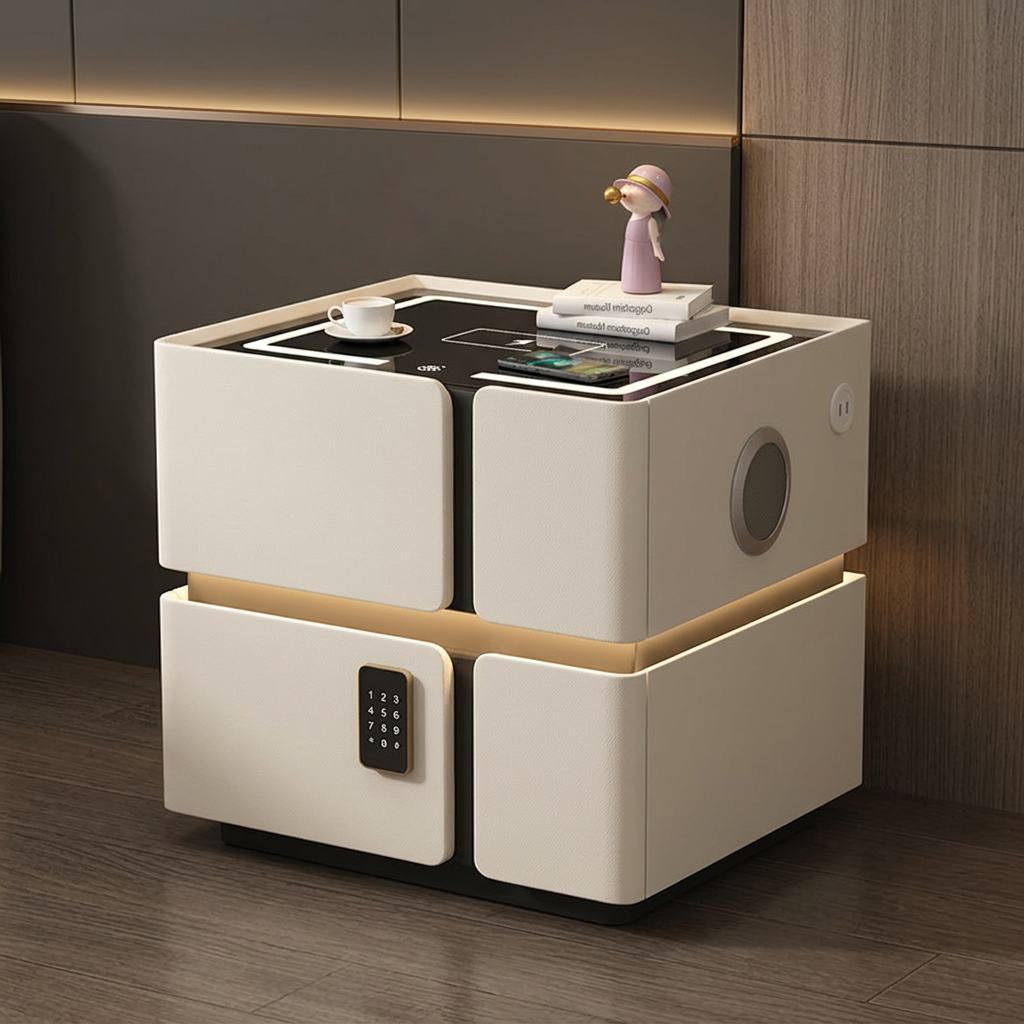 Soft Quad Bedside Table with Wireless Charging, Bluetooth Speaker, LED Lighting, and PIN Lock