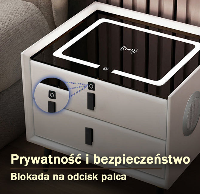 Nachttisch Nexo mit kabelloser Ladefunktion, Bluetooth-Lautsprecher, LED-Beleuchtung und Fingerabdrucksperre