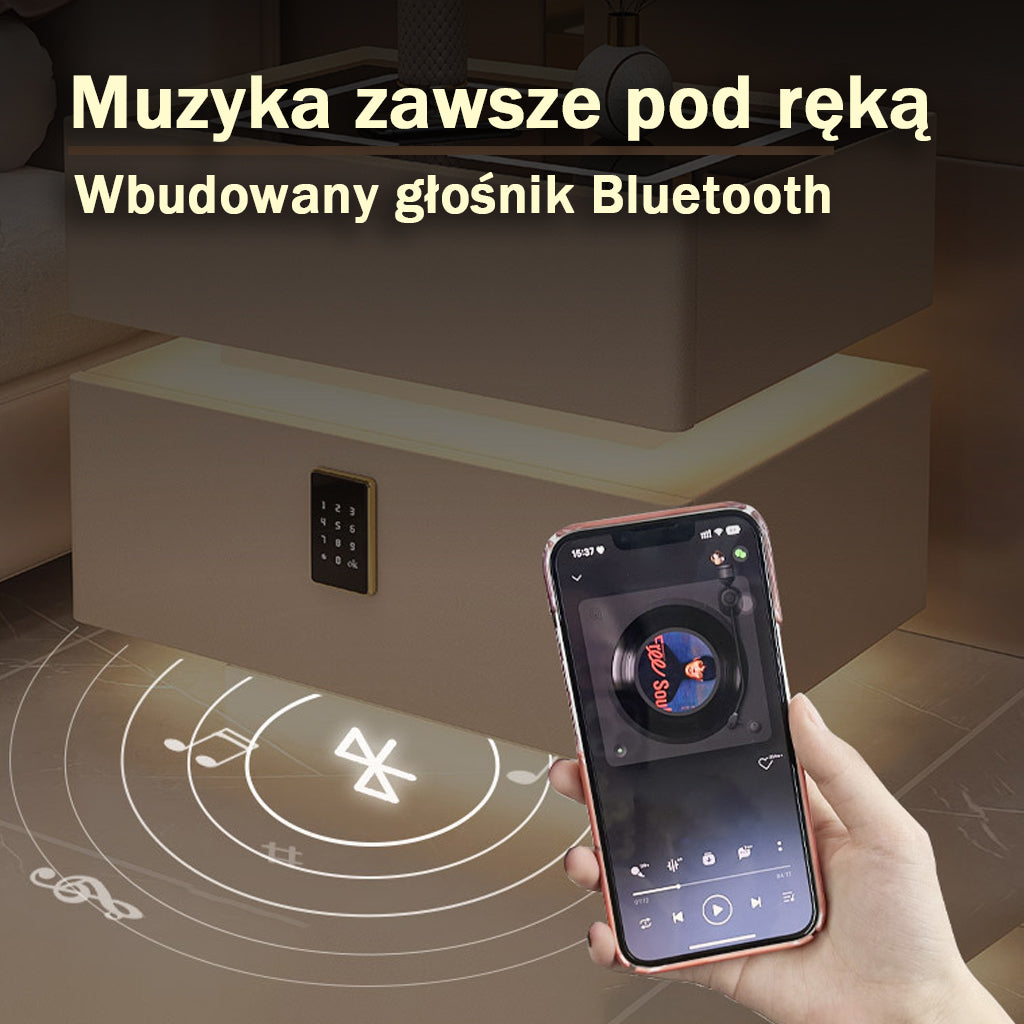 Szafka Nocna Lumo Z Ładowaniem Bezprzewodowym, Głośnikiem Bluetooth, Podświetleniem LED I Blokadą PIN