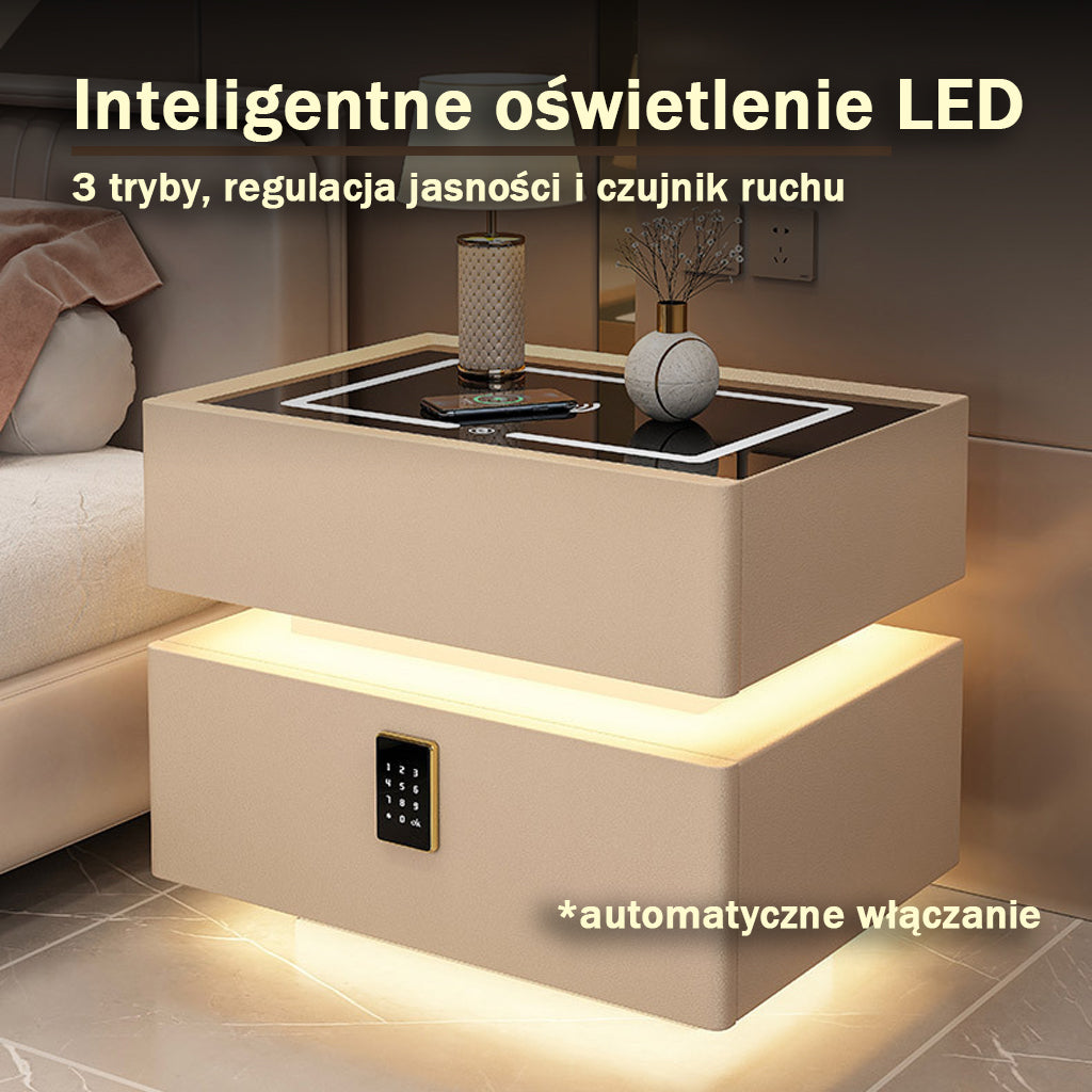 Szafka Nocna Lumo Z Ładowaniem Bezprzewodowym, Głośnikiem Bluetooth, Podświetleniem LED I Blokadą PIN