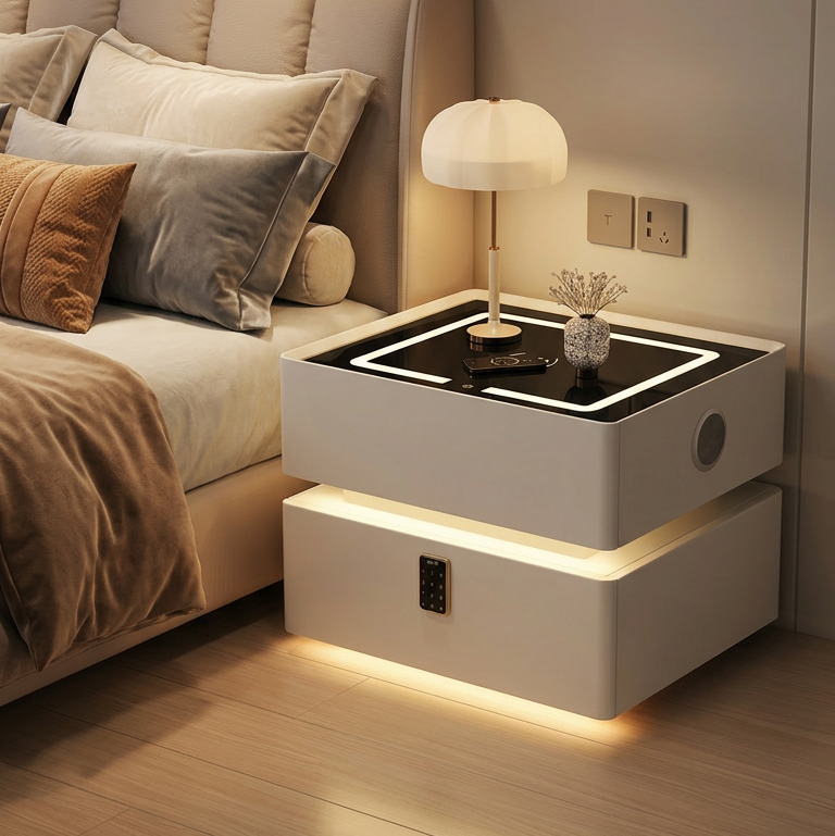 Lumo Bedside Table with Wireless Charging, Bluetooth Speaker, LED Lighting, and PIN Lock